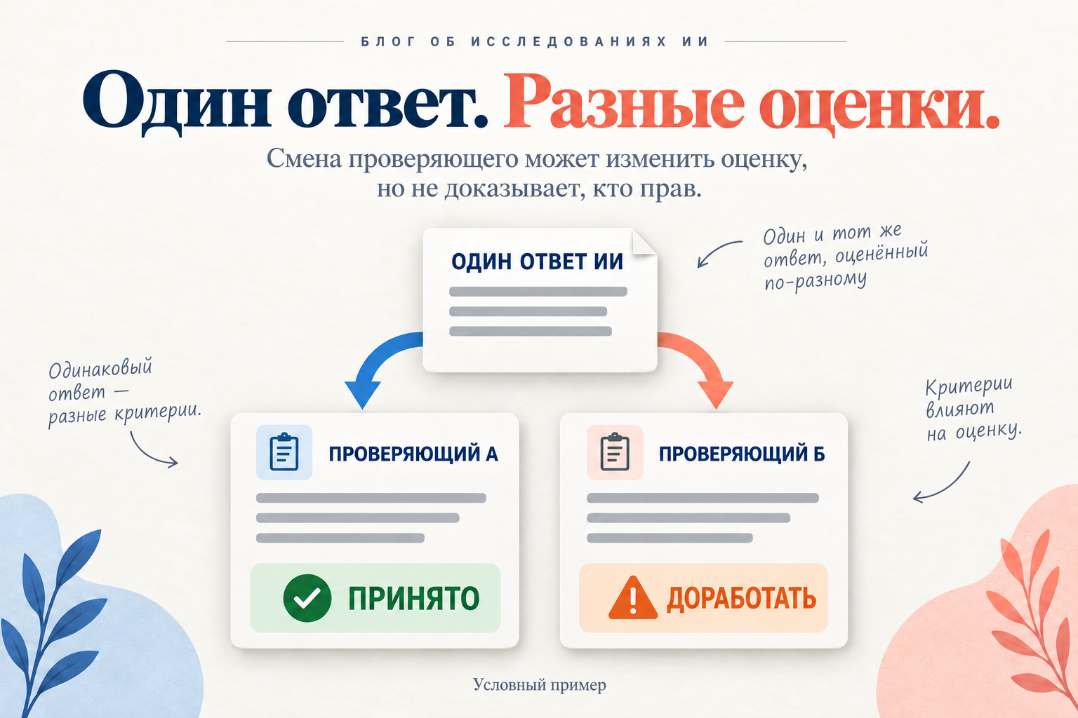 Один ответ AI оценивают два проверяющих с разными критериями.