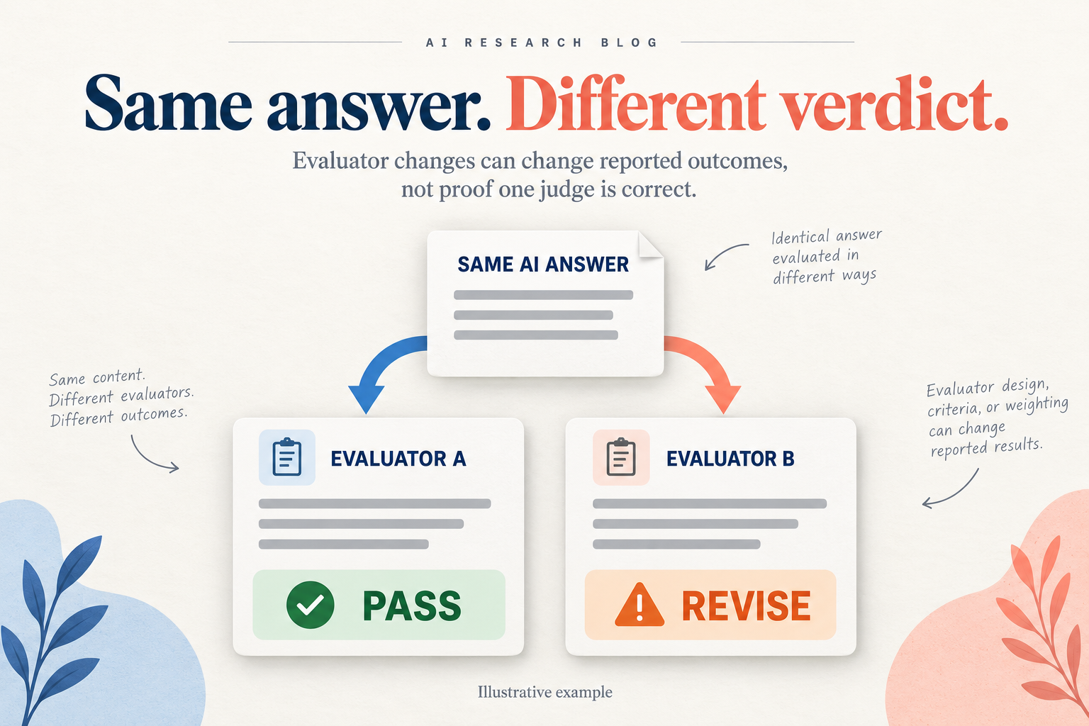The same AI answer examined by two evaluators using different criteria.