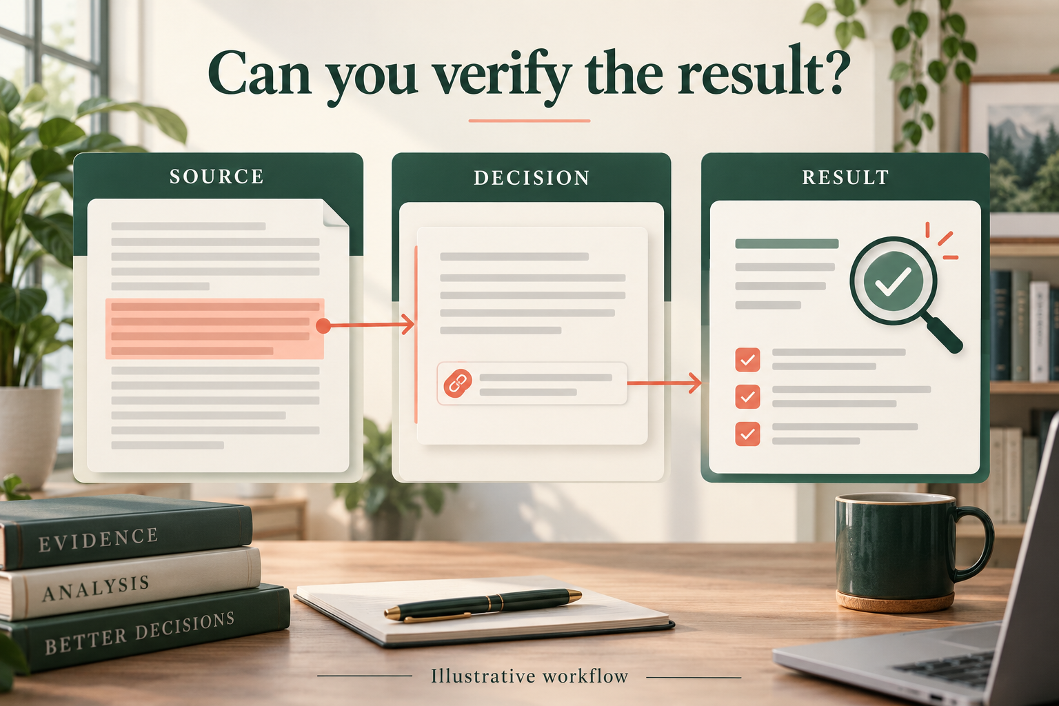 A source supports a decision that leads to a verified artifact.