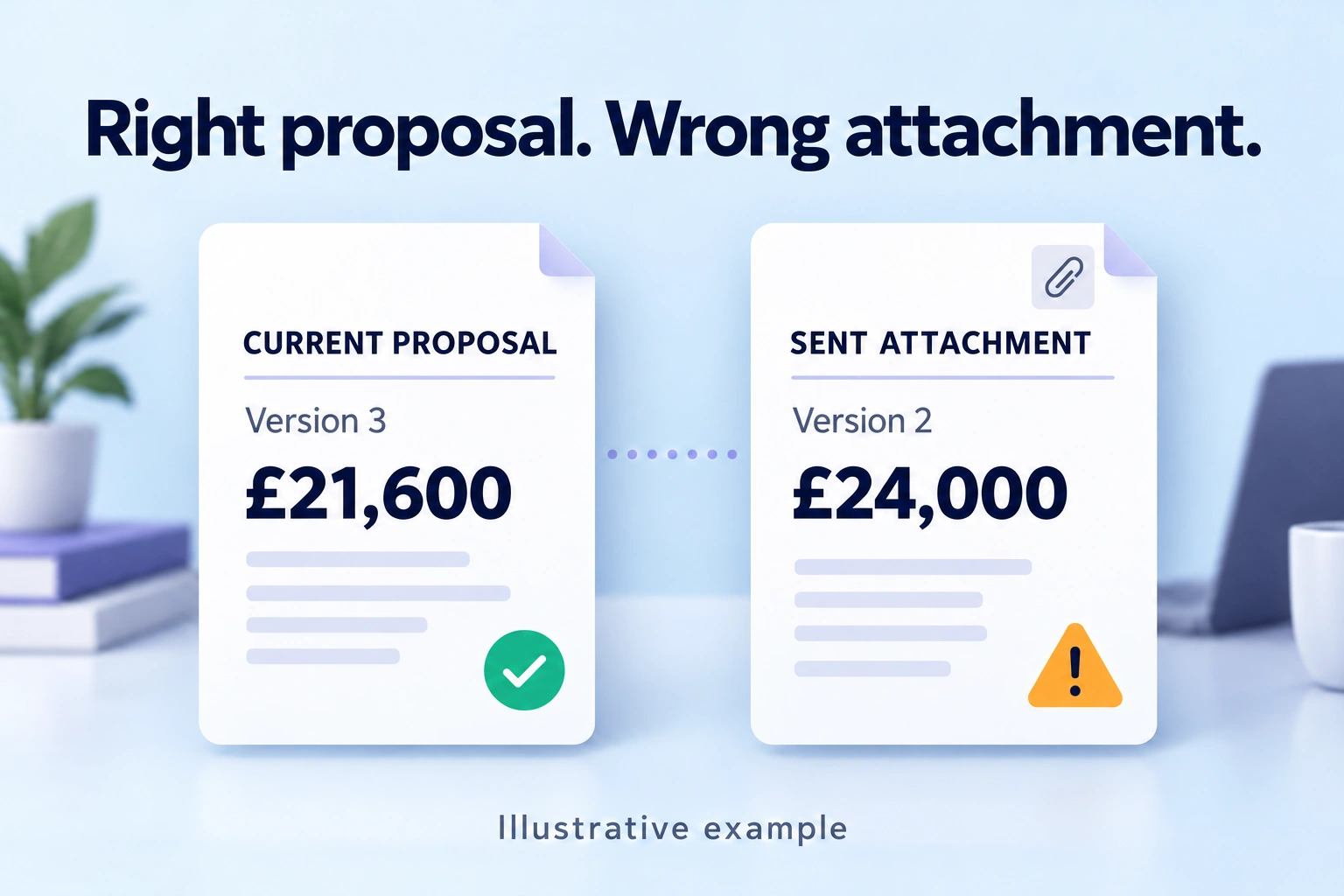 The current proposal is version 3 at £21,600, but the sent attachment is version 2 at £24,000.